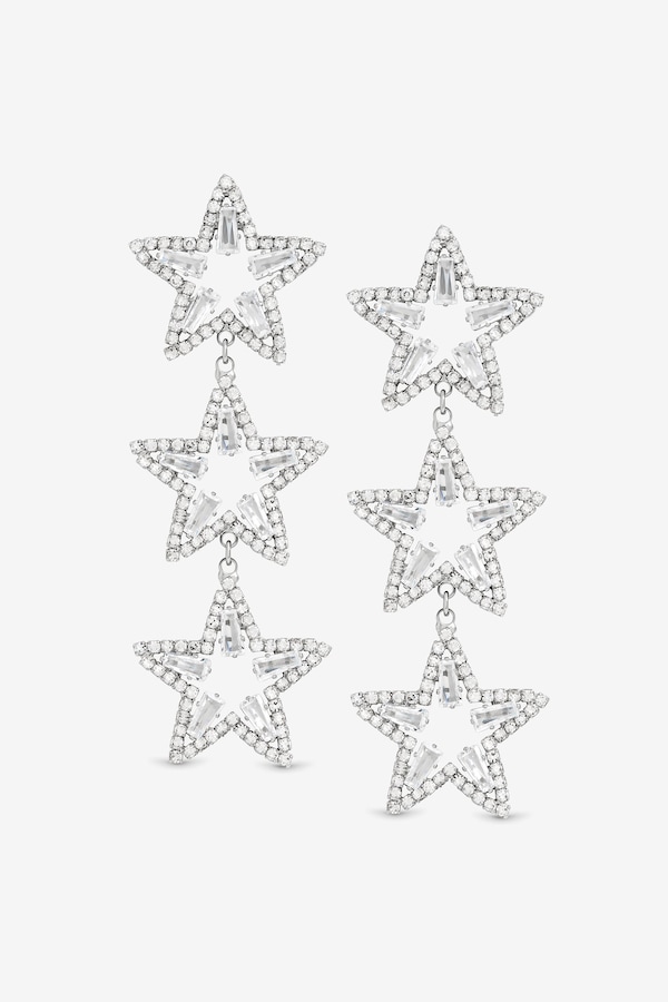 Mood Silver Crystal Triple Star Statement Drop Earrings
