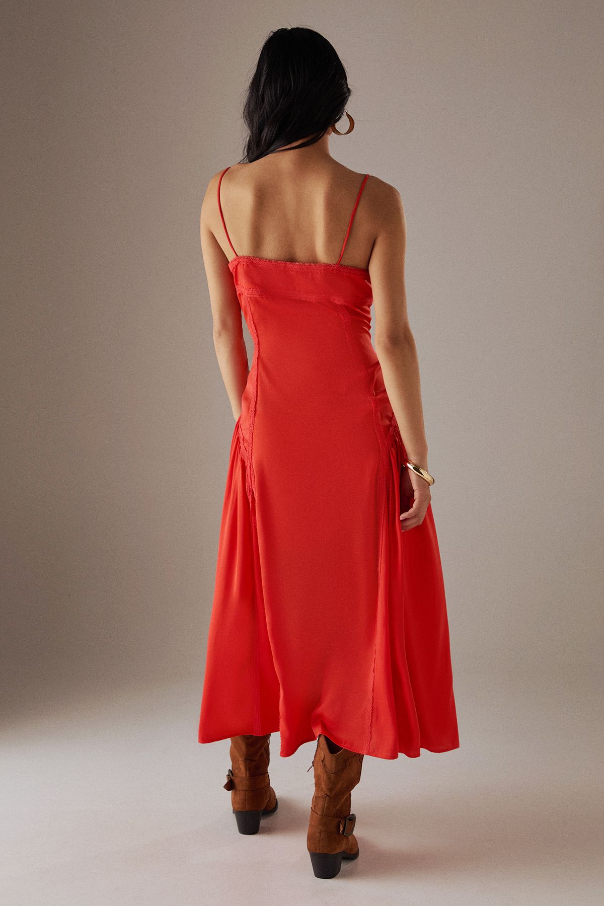 Warehouse Petite Satin Lace Trim Detail Godet Strappy Midi Dress Orange image 3