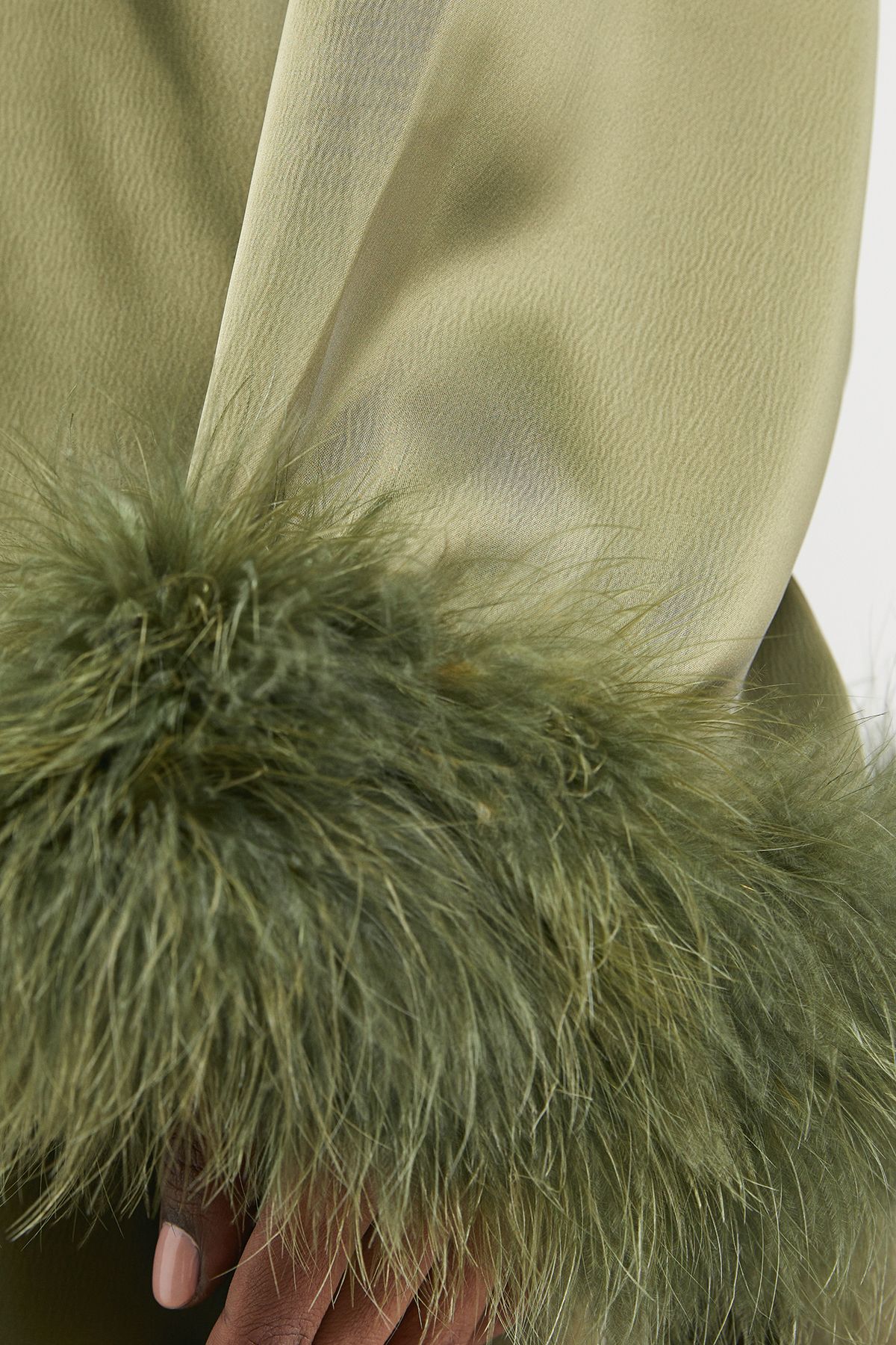 Warehouse Premium Satin Feather High Neck Swing Mini Dress Olive image 5