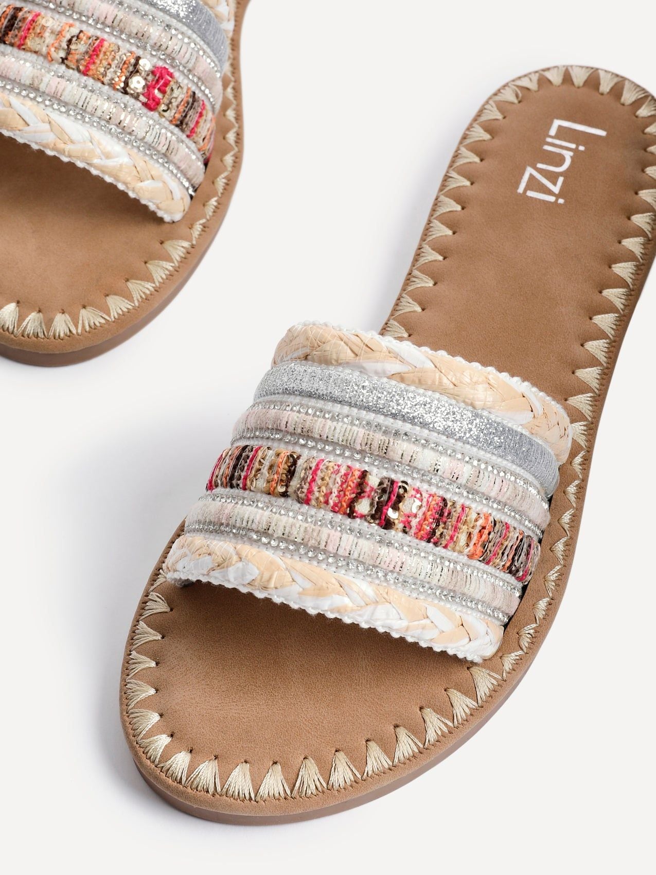 Linzi Carel White Multi Woven Embellished Flat Sandals image 4