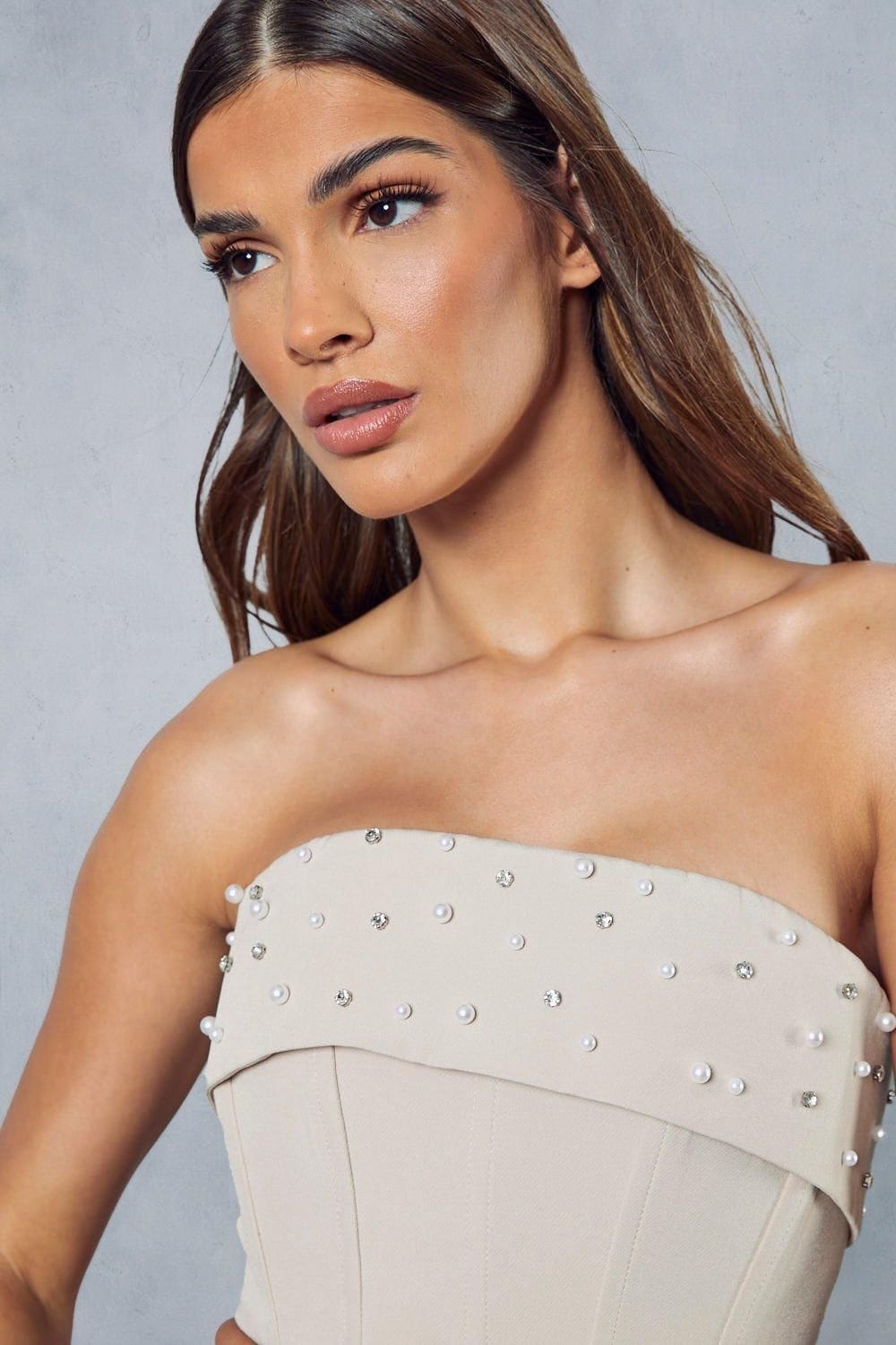 MissPap Pearl Embellished Corset Top Stone image 6