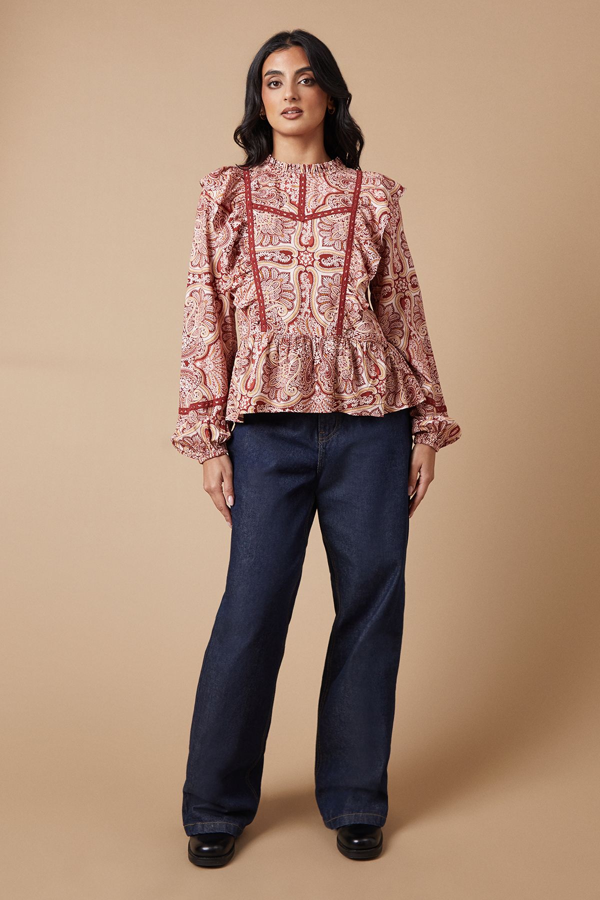 Oasis Paisley Printed Ruffle Lace Trim Top Rust image 2
