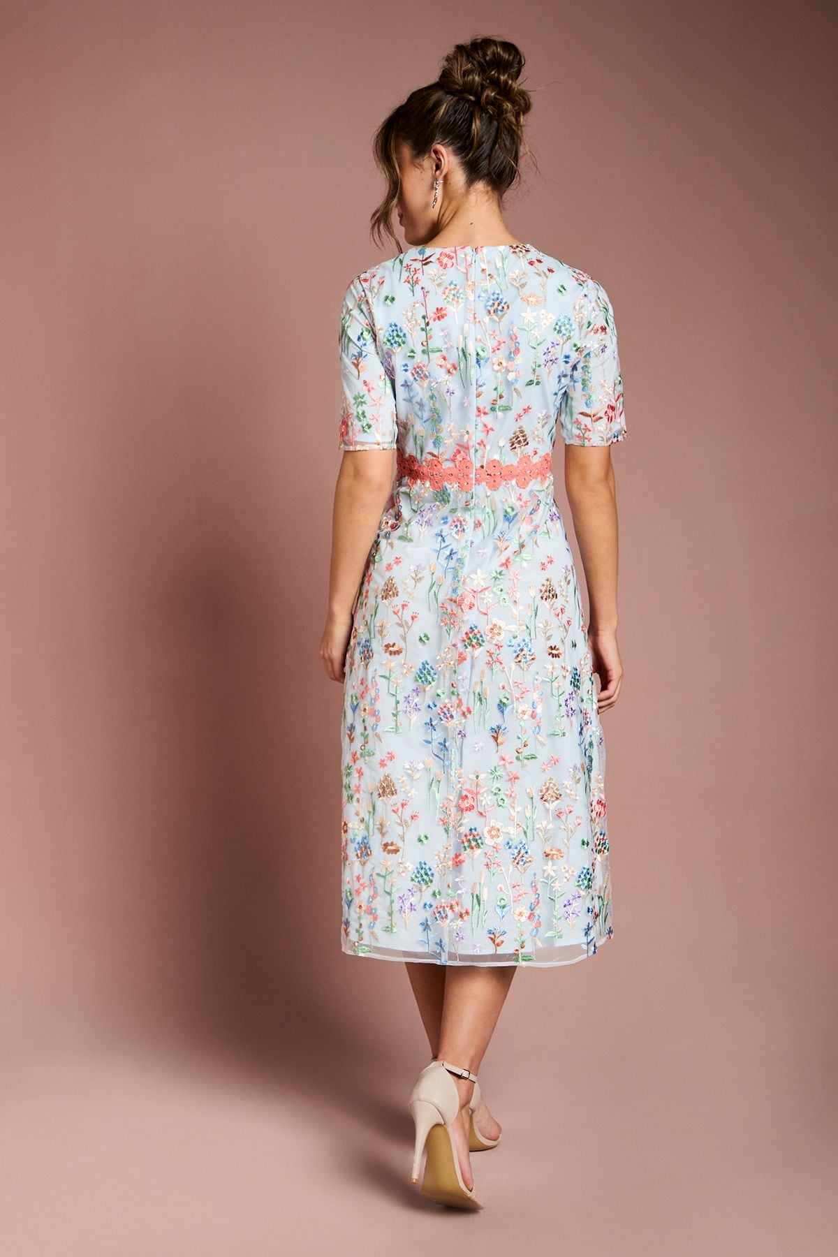 Coast Embroidered Floral With Laid On Lace Midi Dress Light Blue image 3