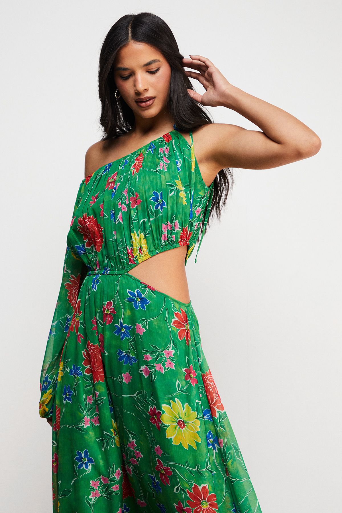 Warehouse Chiffon One Shoulder Balloon Sleeve Cut Out Midi Dress Floral image 2