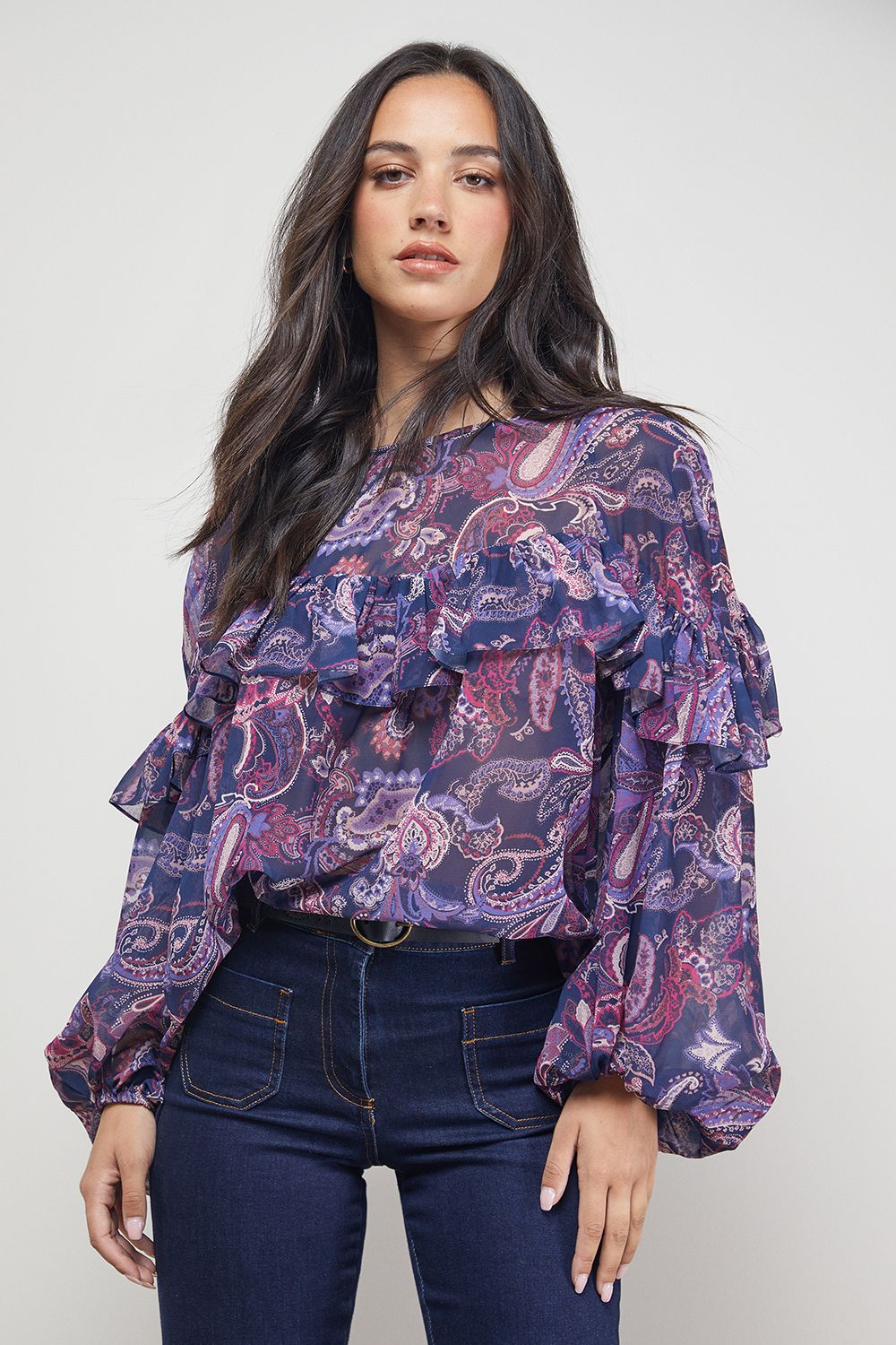 Oasis Printed Ruffle Yoke Balloon Sleeve Boho Blouse Floral image 4