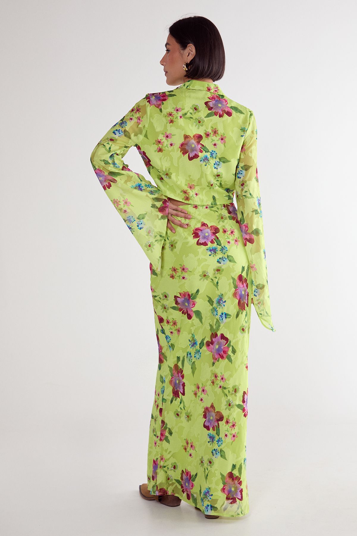 NastyGal Floral Burnout Maxi Skirt Lime image 4