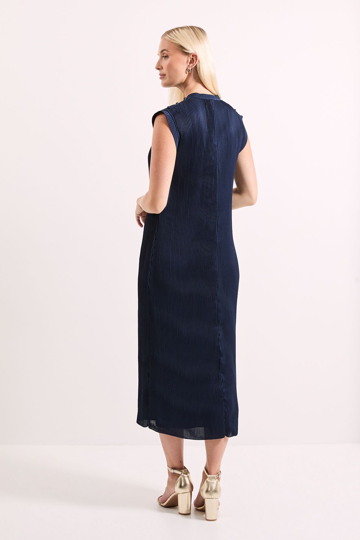 Principles Pleated Satin Column Tie Back Midi Dress Navy image 3