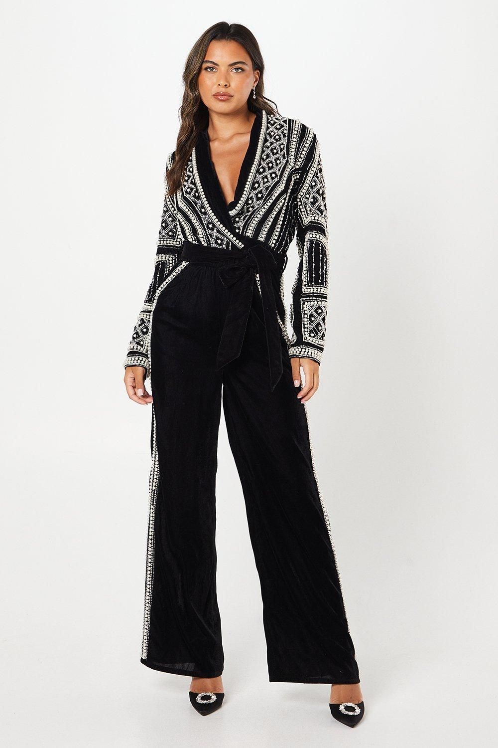 Coast Party Velvet Embellished Long Sleeve Jumpsuit Black image 1