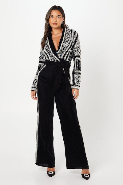 Coast Party Velvet Embellished Long Sleeve Jumpsuit Black