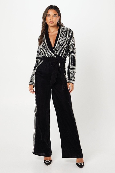 Coast Party Velvet Embellished Long Sleeve Jumpsuit Black