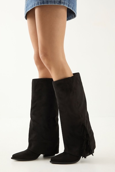 MissPap Faux Suede Sleeve And Fringe Detail Western Knee Boots Natural Black