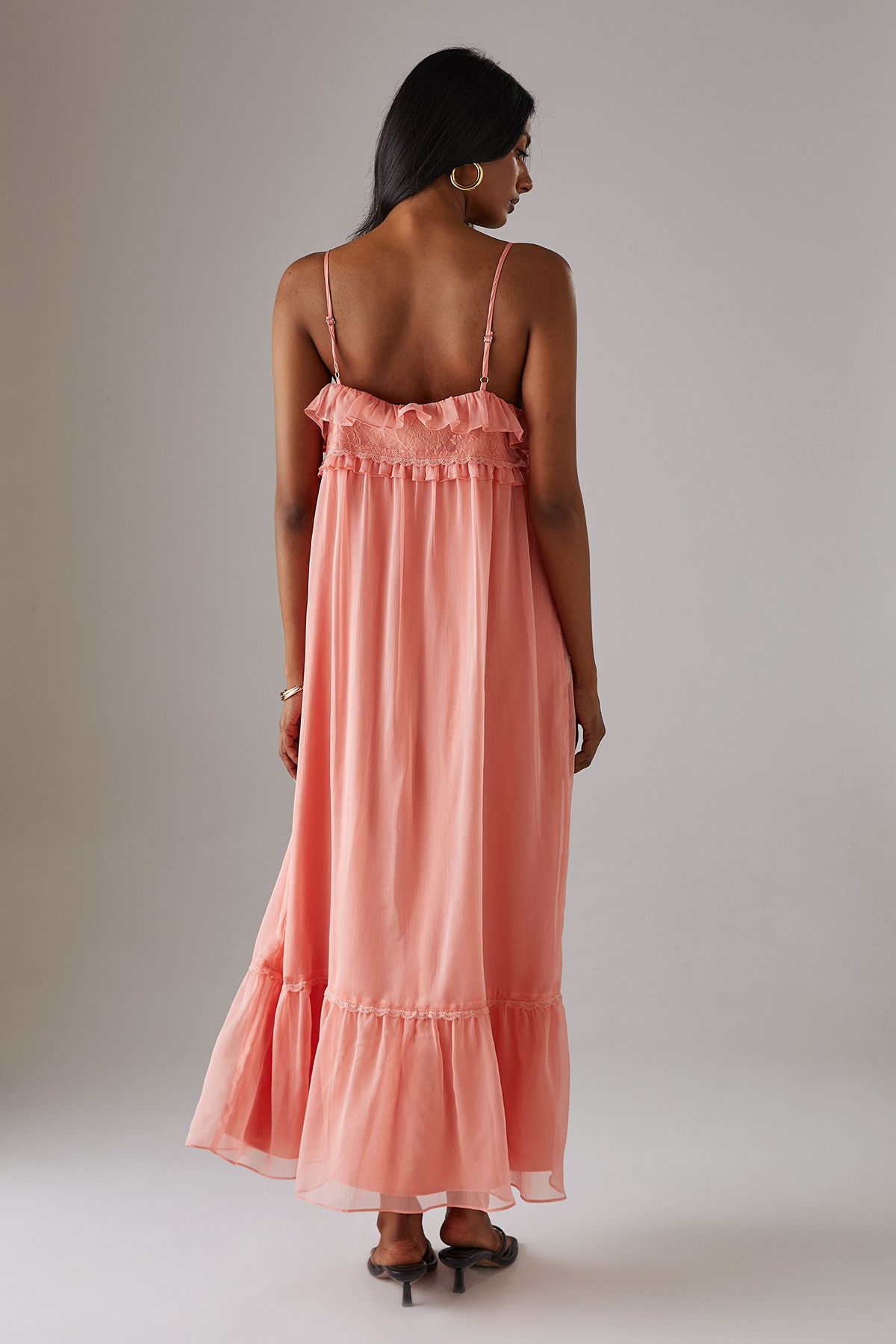 Warehouse Lace Ruffle Strappy Midi Sundress Peach image 3