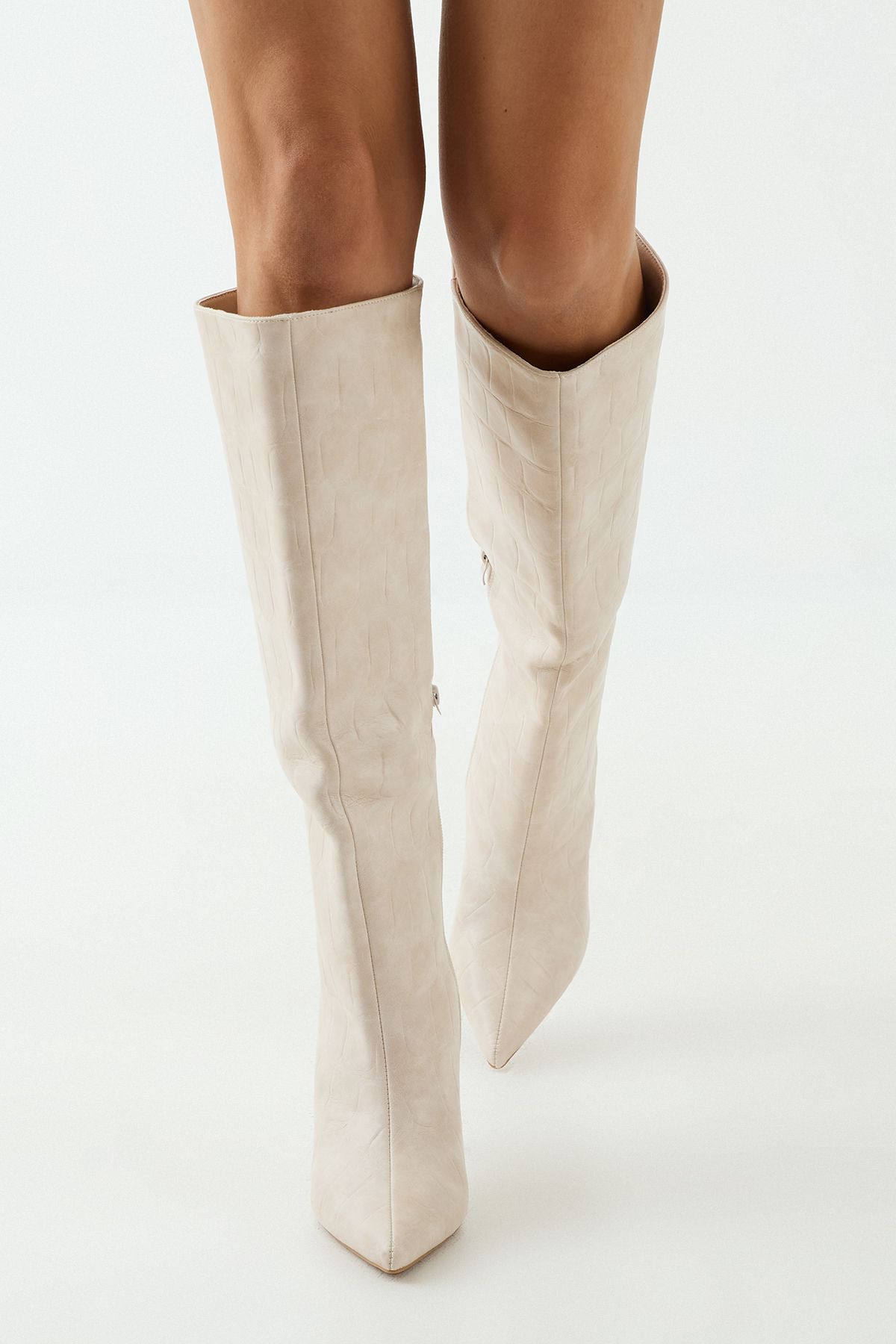 MissPap Faux Croc Print Leather Pointed High Stiletto Knee Boots Beige image 2