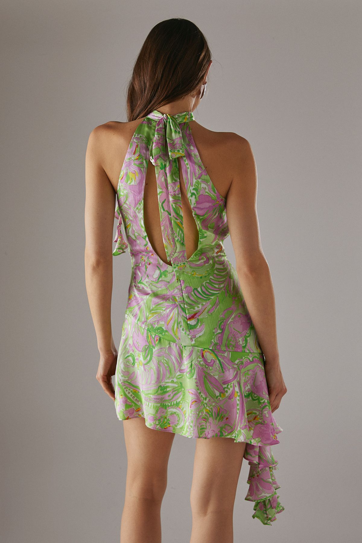 Warehouse Satin Ruffle Halter Tendril Mini Dress Lime image 3