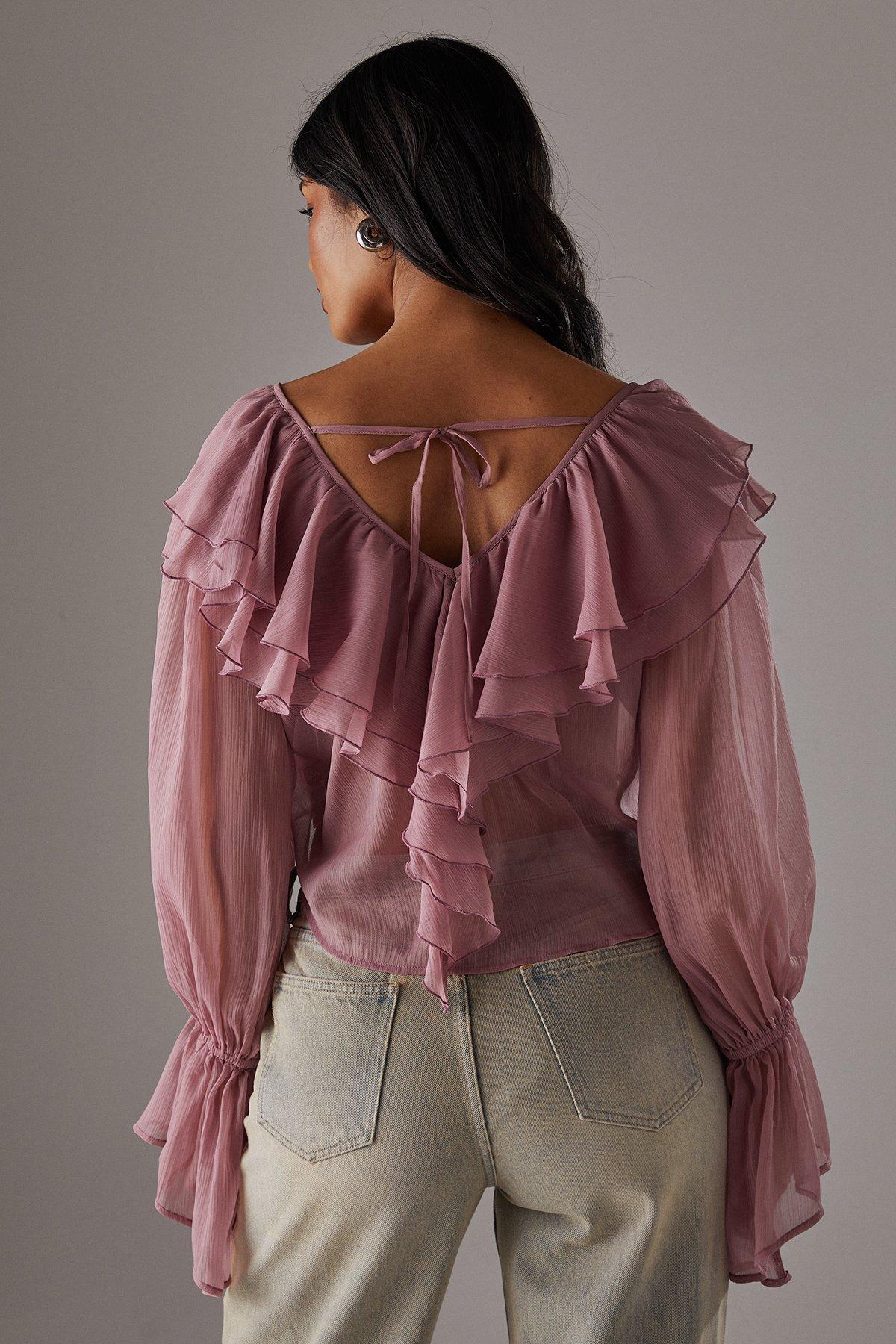 Warehouse Chiffon Double Ruffle Boho Blouse Rose image 4