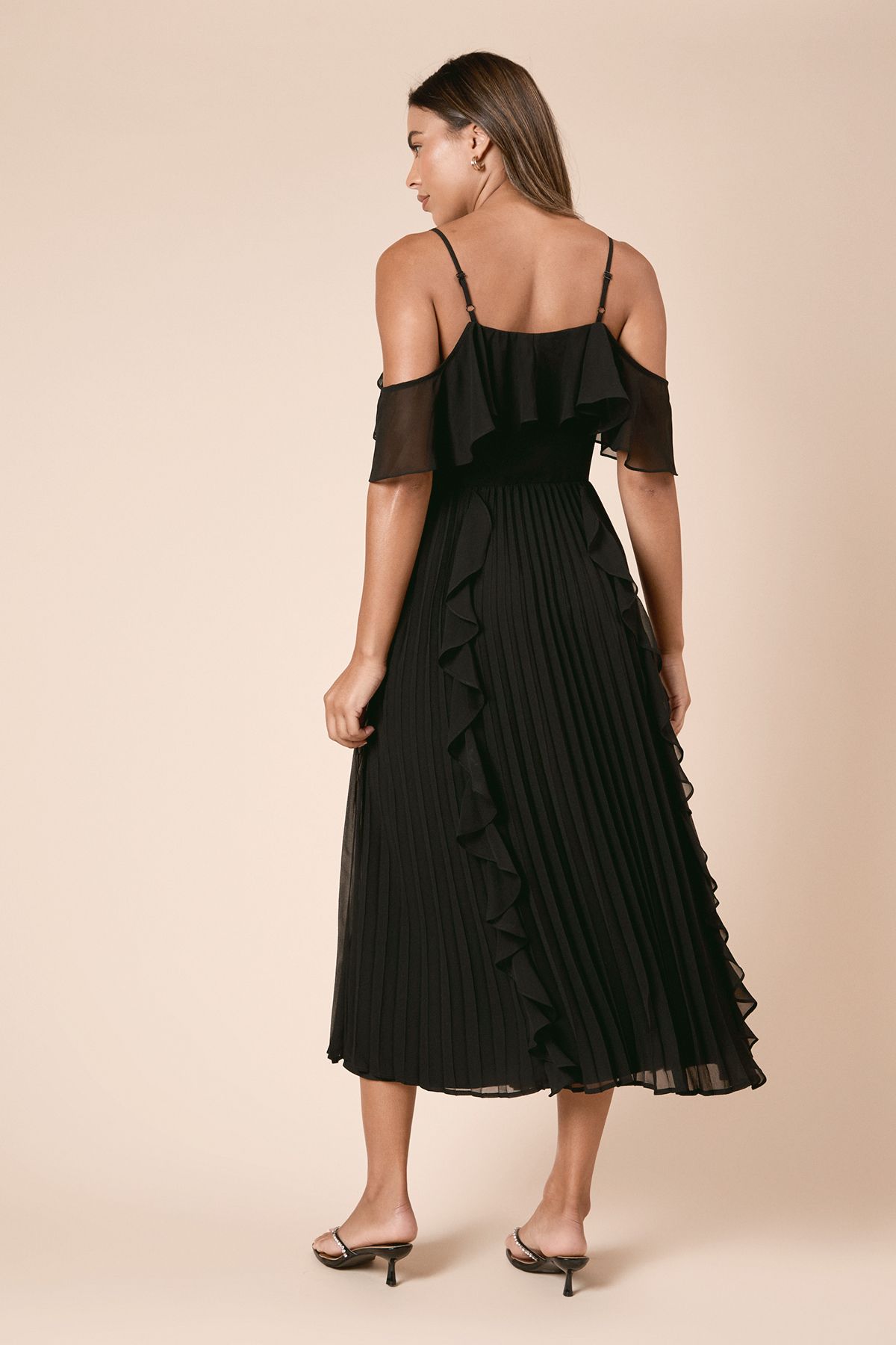 Dorothy Perkins DP Luxe Ruffle Front Cold Shoulder Midi Dress Black image 4