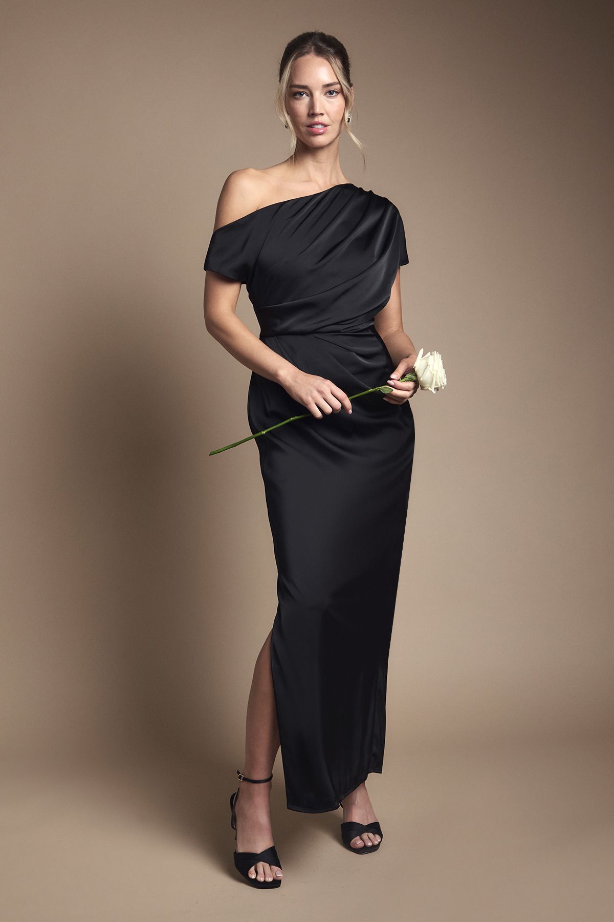 Coast Satin Ruched Detail Off The Shoulder Maxi Bridesmaid Dress Black image 1