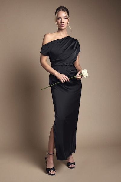 Coast Satin Ruched Detail Off The Shoulder Maxi Bridesmaid Dress Black