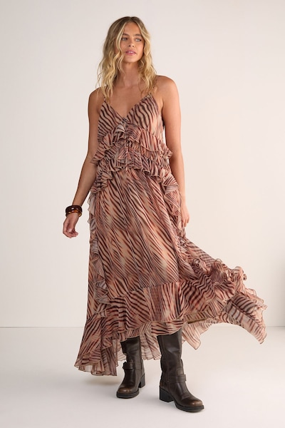 NastyGal Zebra Ruffle Tie Front Maxi Dress Beige