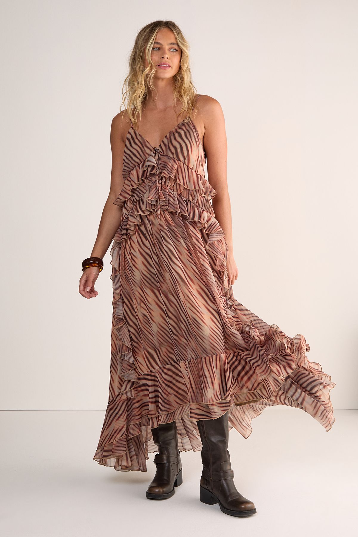 NastyGal Zebra Ruffle Tie Front Maxi Dress Beige image 1
