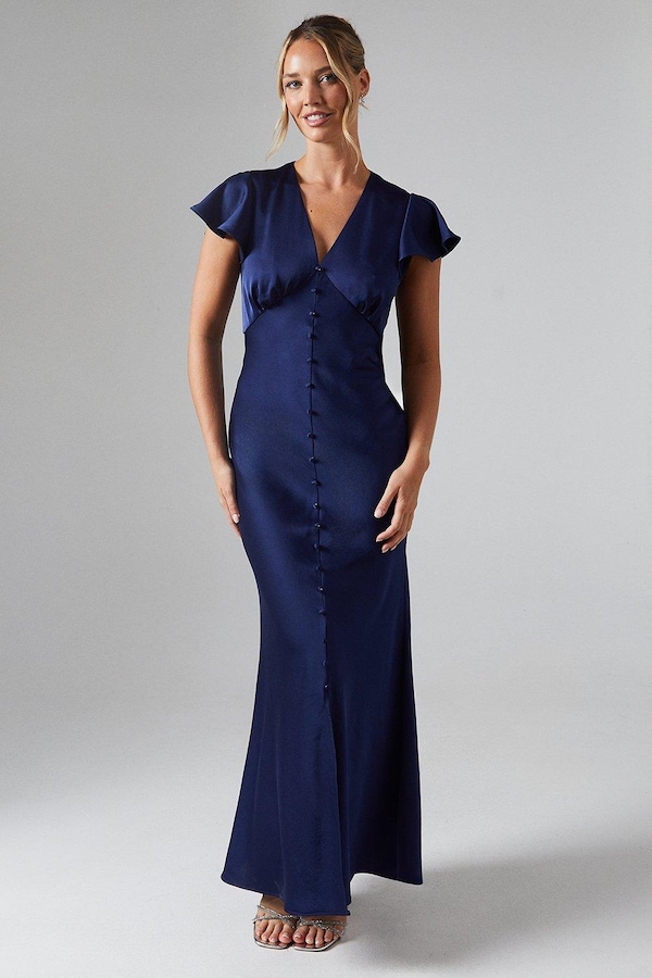 Oasis Button Detail V Neck Satin Bridesmaids Midaxi Dress Navy