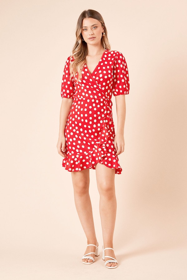 Dorothy Perkins Spot Puff Sleeve Jersey Mini Wrap Dress Red