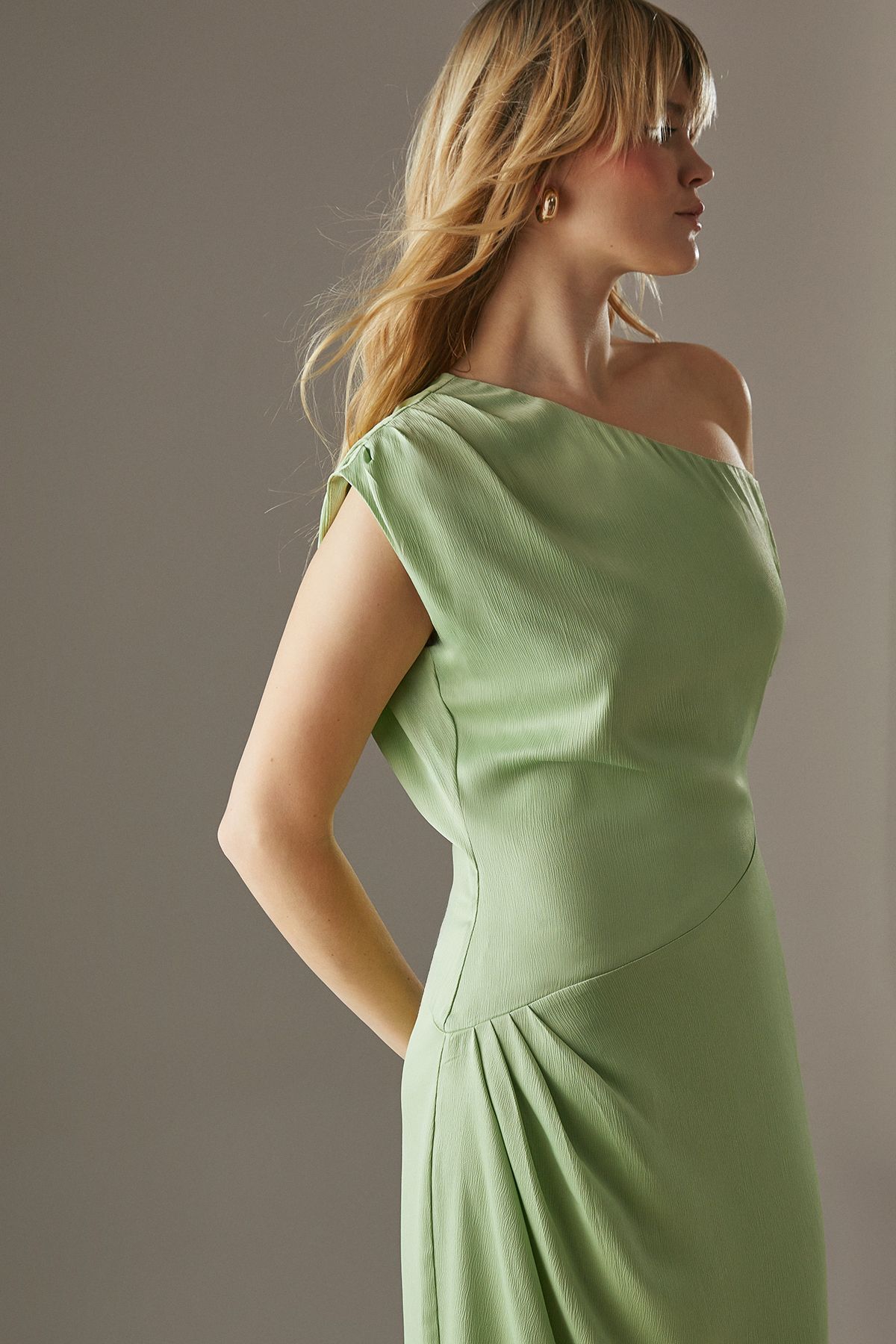 Warehouse Crinkle Satin Fallen Shoulder Knot Side Midi Dress Sage image 2