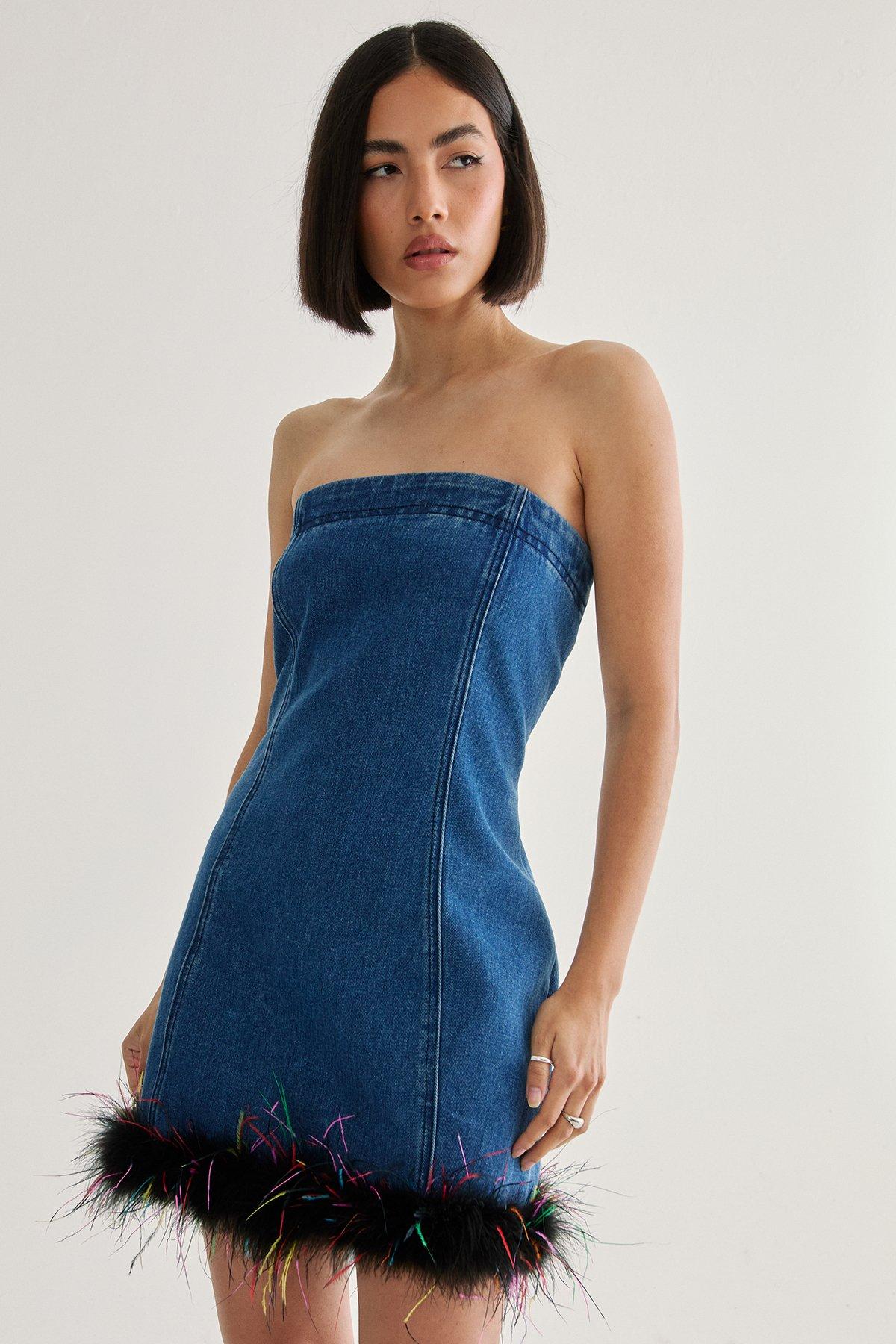 NastyGal Feather Hem Bandeau Dress Authentic Denim image 1