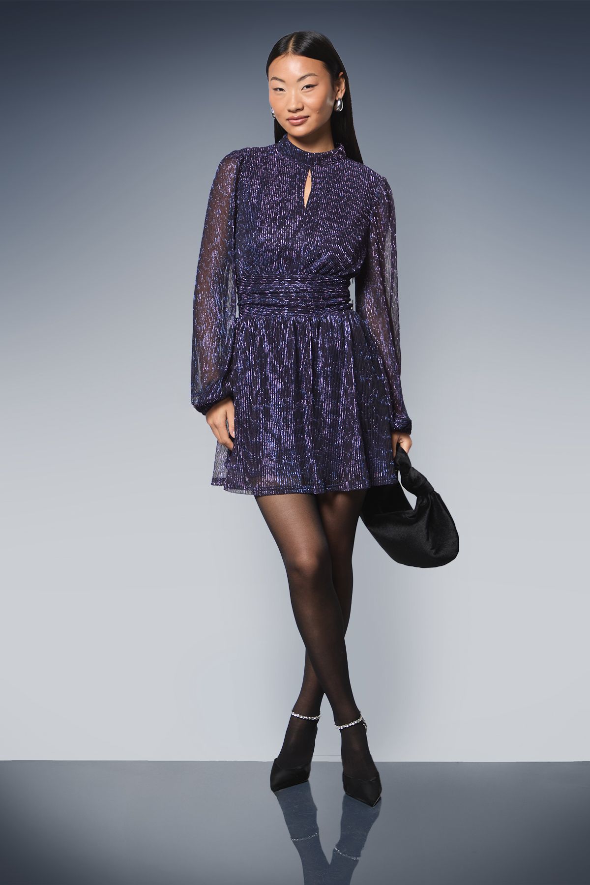 Dorothy Perkins Petite DP Luxe Sparkle Plisse Jersey High Neck Mini Dress Purple image 1