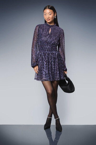 Dorothy Perkins Petite DP Luxe Sparkle Plisse Jersey High Neck Mini Dress Purple