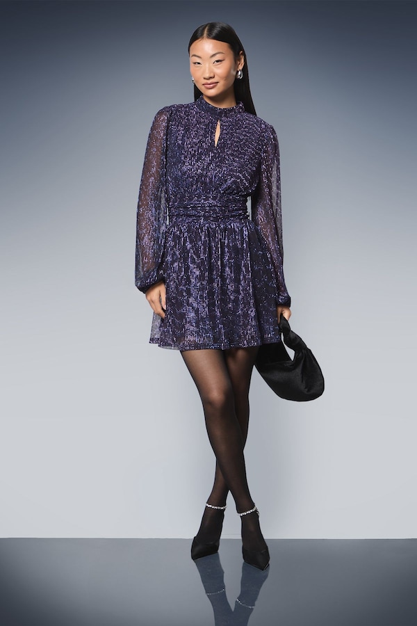 Dorothy Perkins Petite DP Luxe Sparkle Plisse Jersey High Neck Mini Dress Purple