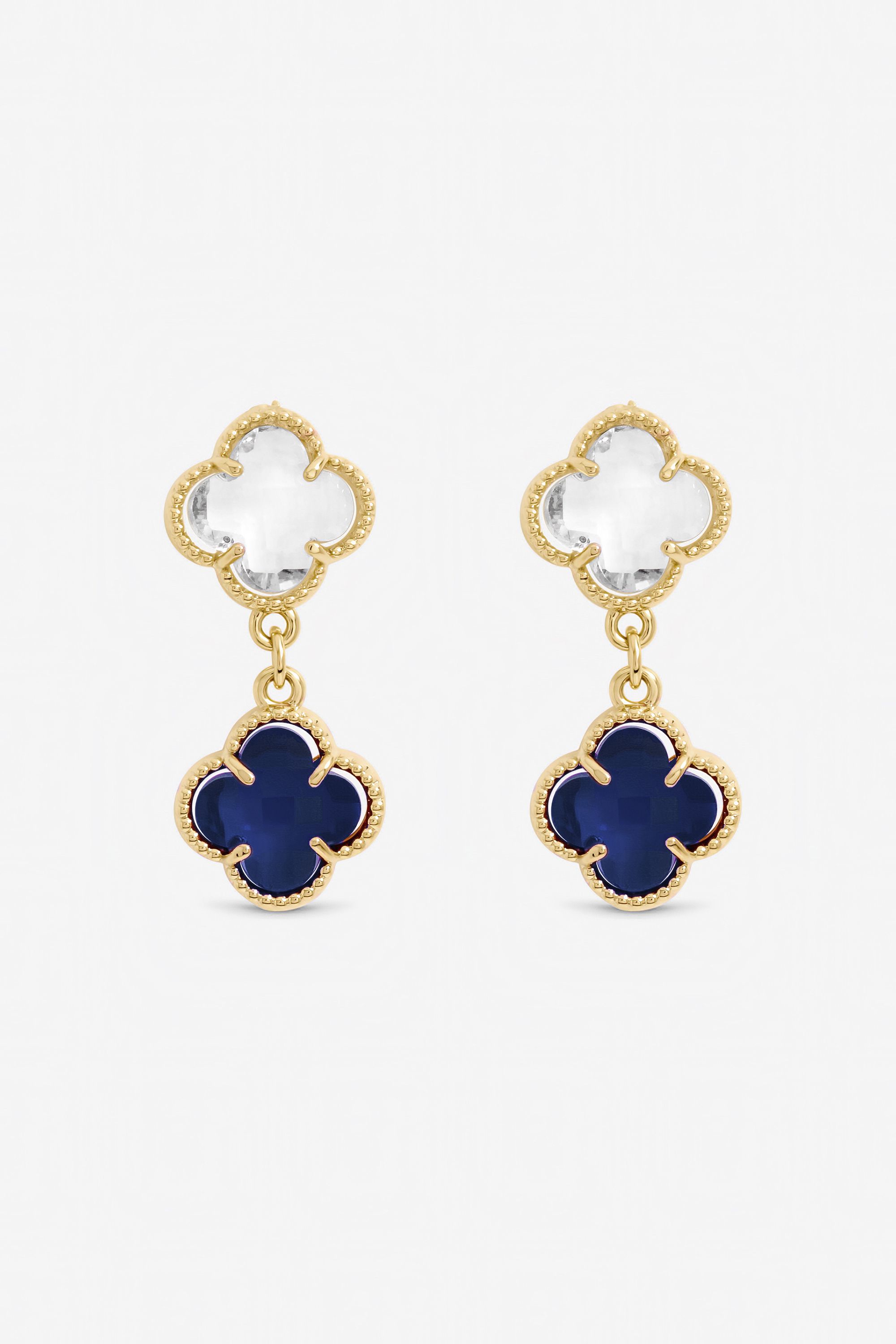 Jon Richard Gold Plated Sapphire and Crystal Clover Drop Earrings