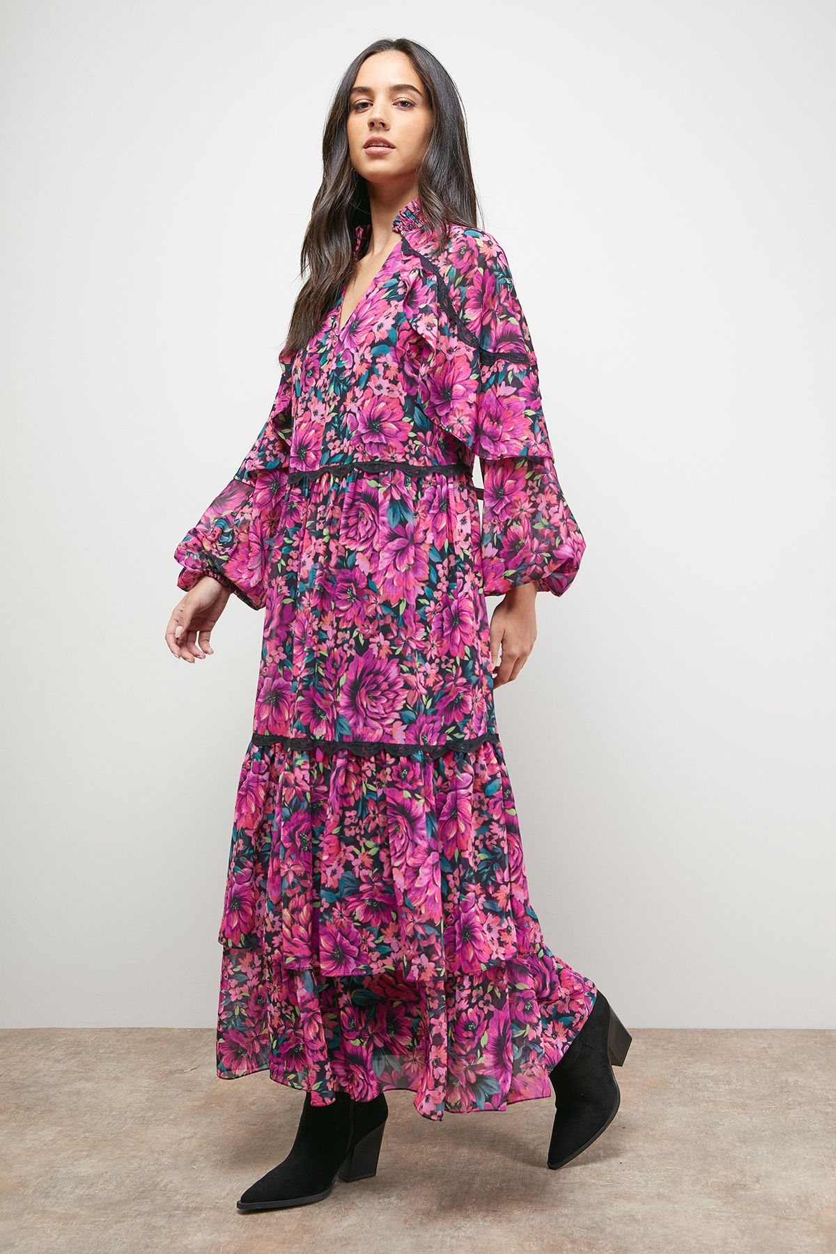 Oasis Printed Cape Detail Lace Trim Boho Maxi Dress Floral