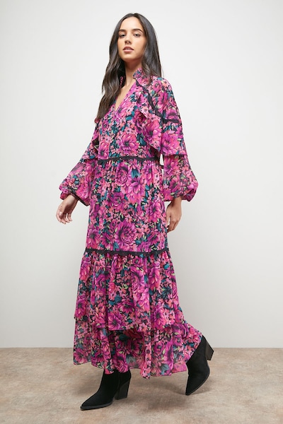 Oasis Printed Cape Detail Lace Trim Boho Maxi Dress Floral
