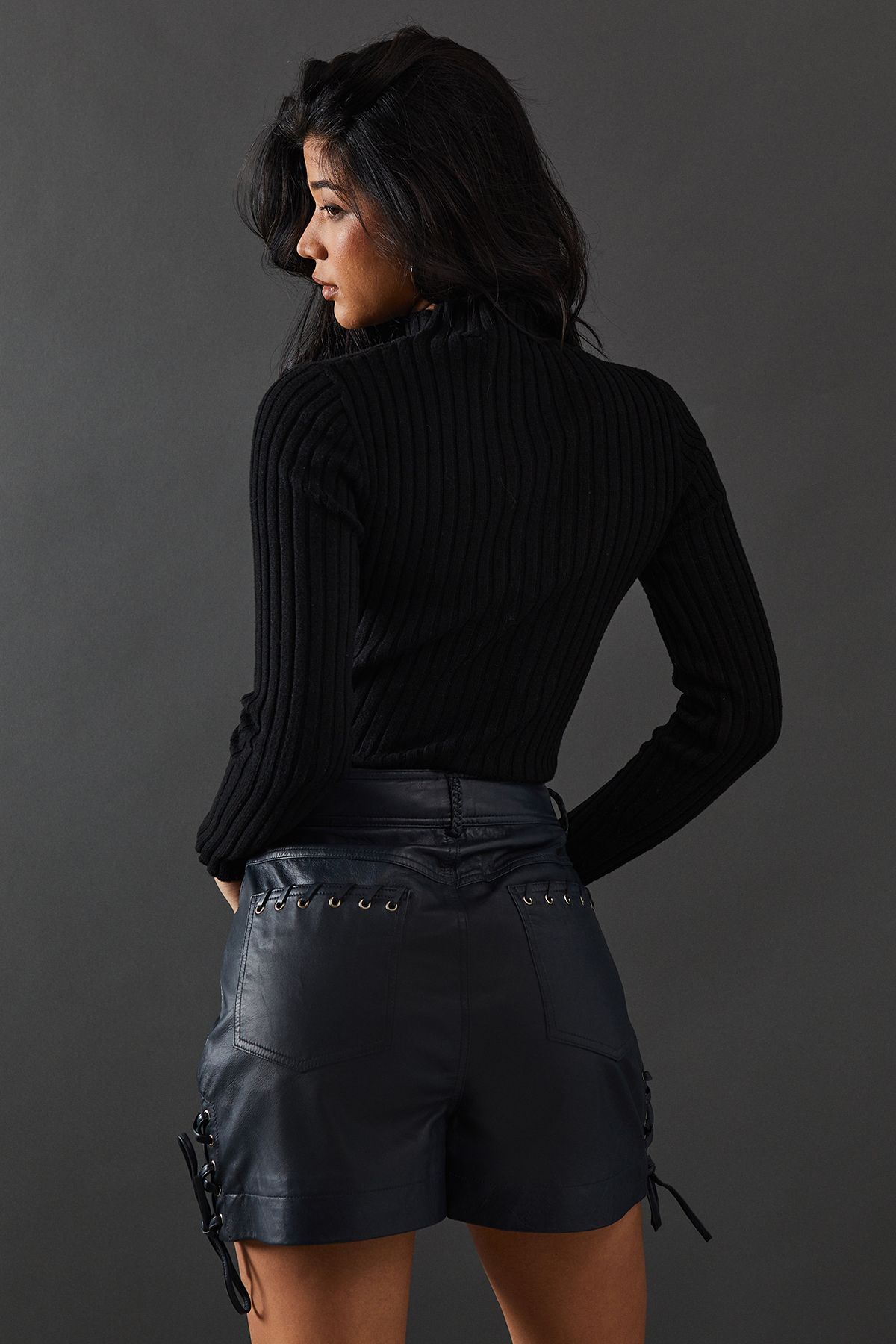 Warehouse Real Leather Whipstitch Detail Shorts Petrol image 3