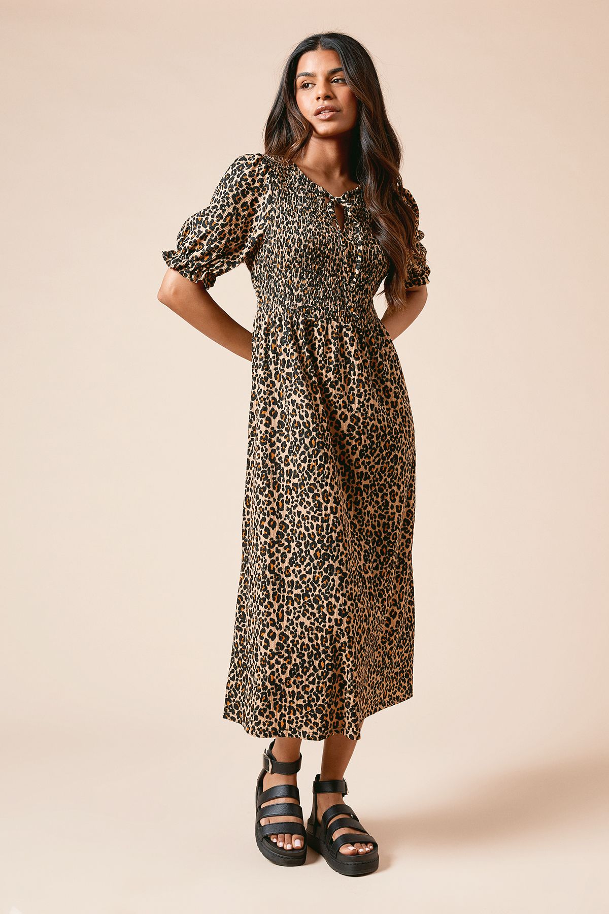 Dorothy Perkins Petite Leopard Puff Sleeve Shirred Bodice Jersey Midi Dress Leopard