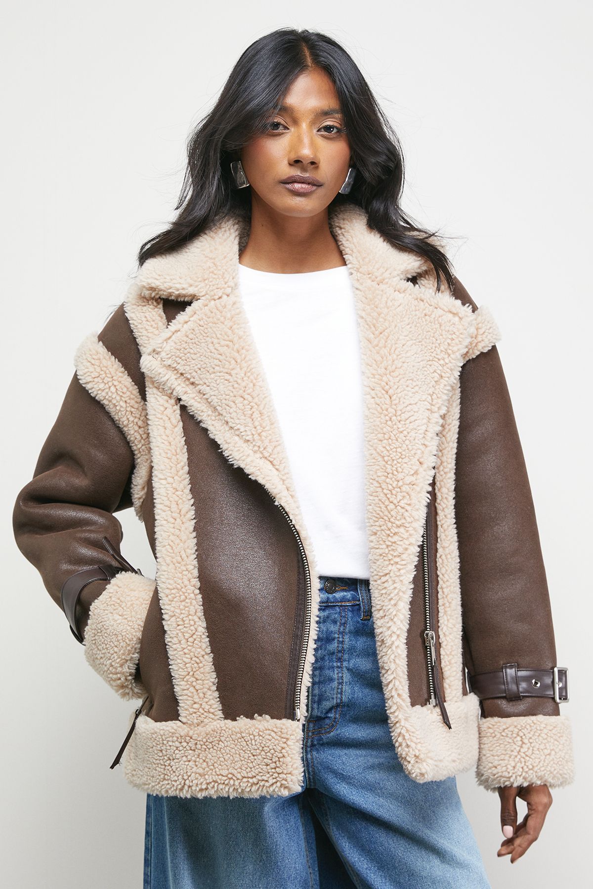 Warehouse Wool Lined Shearling Biker Jacket Chocolate image 4