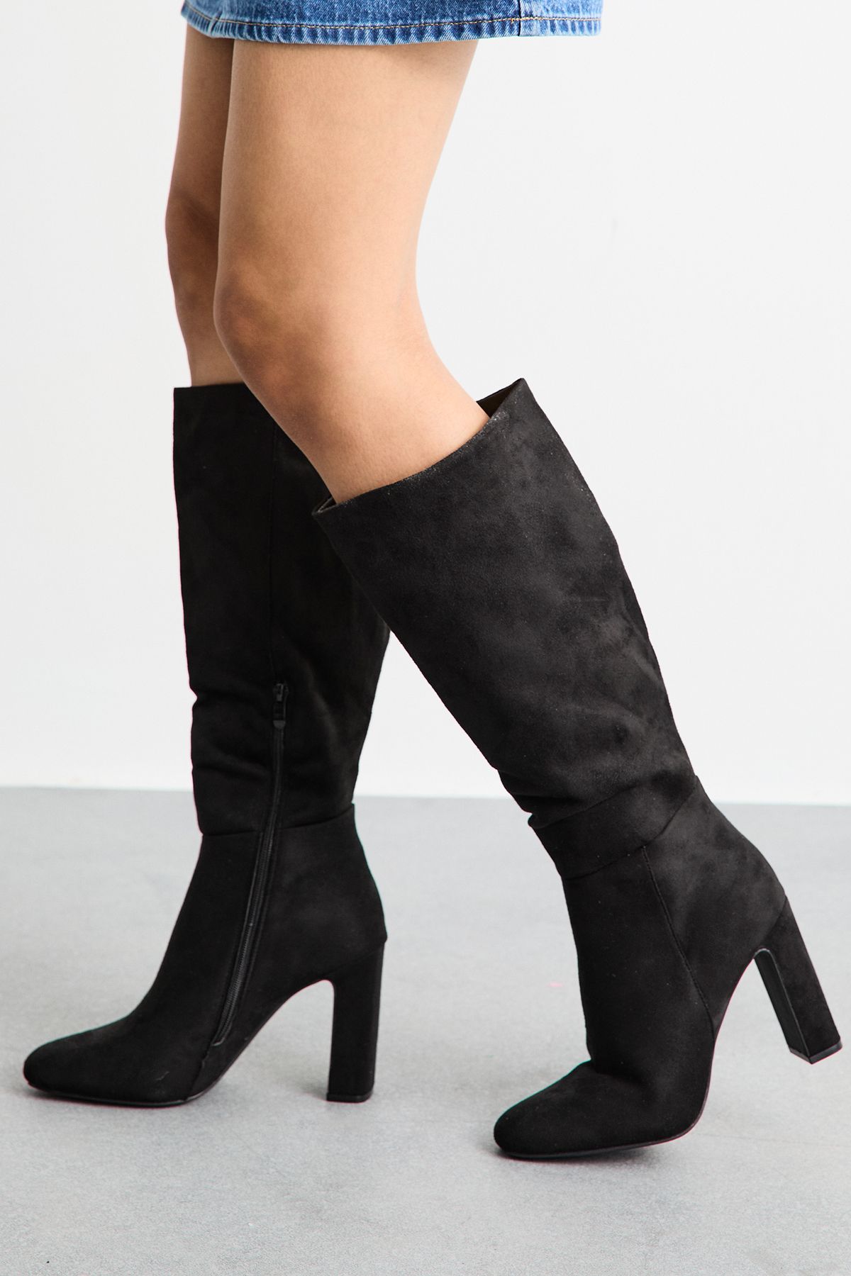 MissPap Almond Toe High Block Heel Knee Boots Natural Black image 2