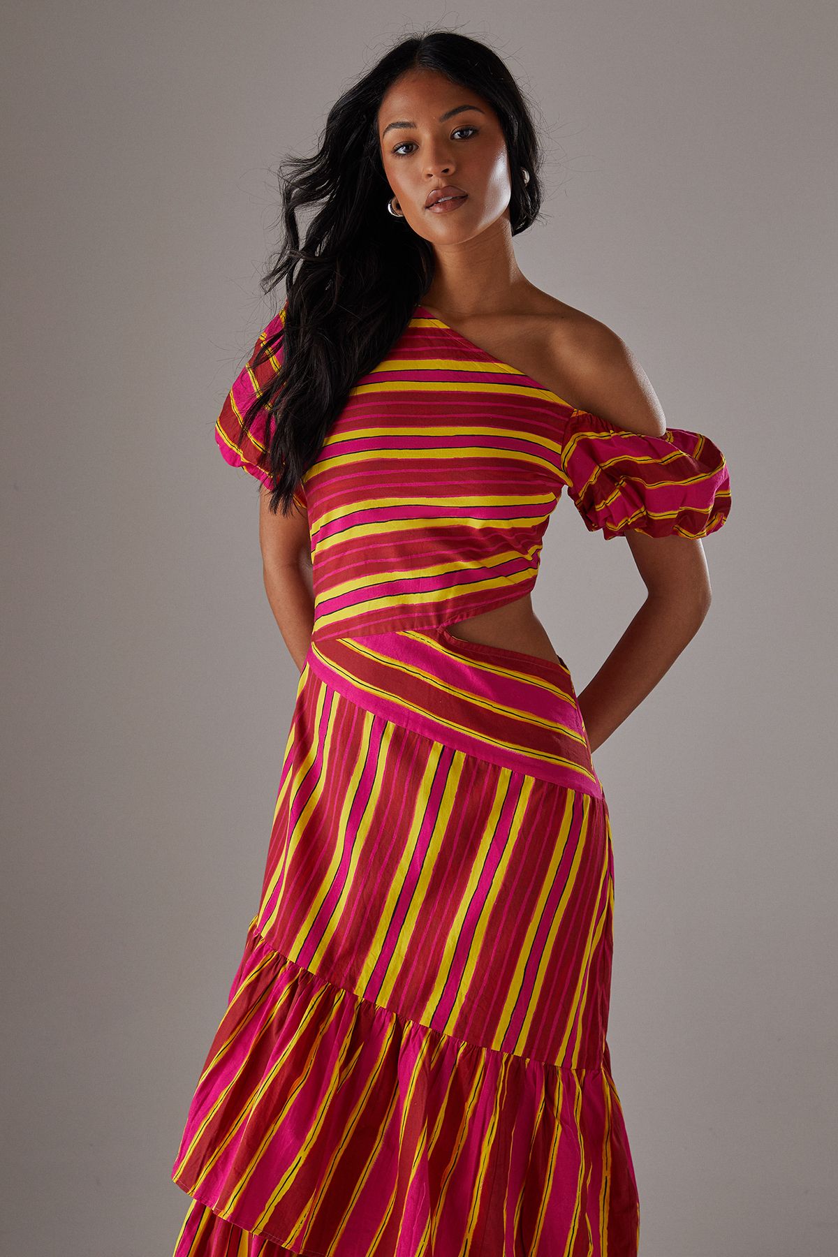 Warehouse Mixed Print Poplin Fallen Shoulder Asymmetric Midi Dress Multi image 2