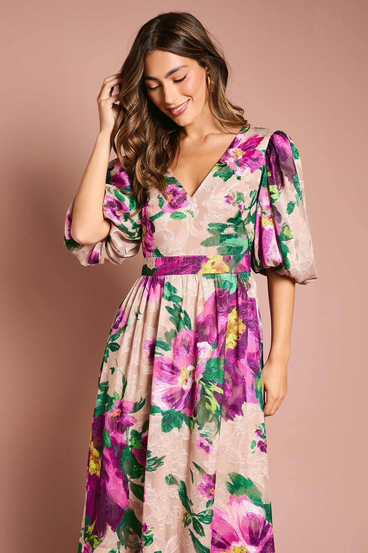 Coast Printed Puff Sleeve Bow Detail Jacquard Midi Dress Purple image 2