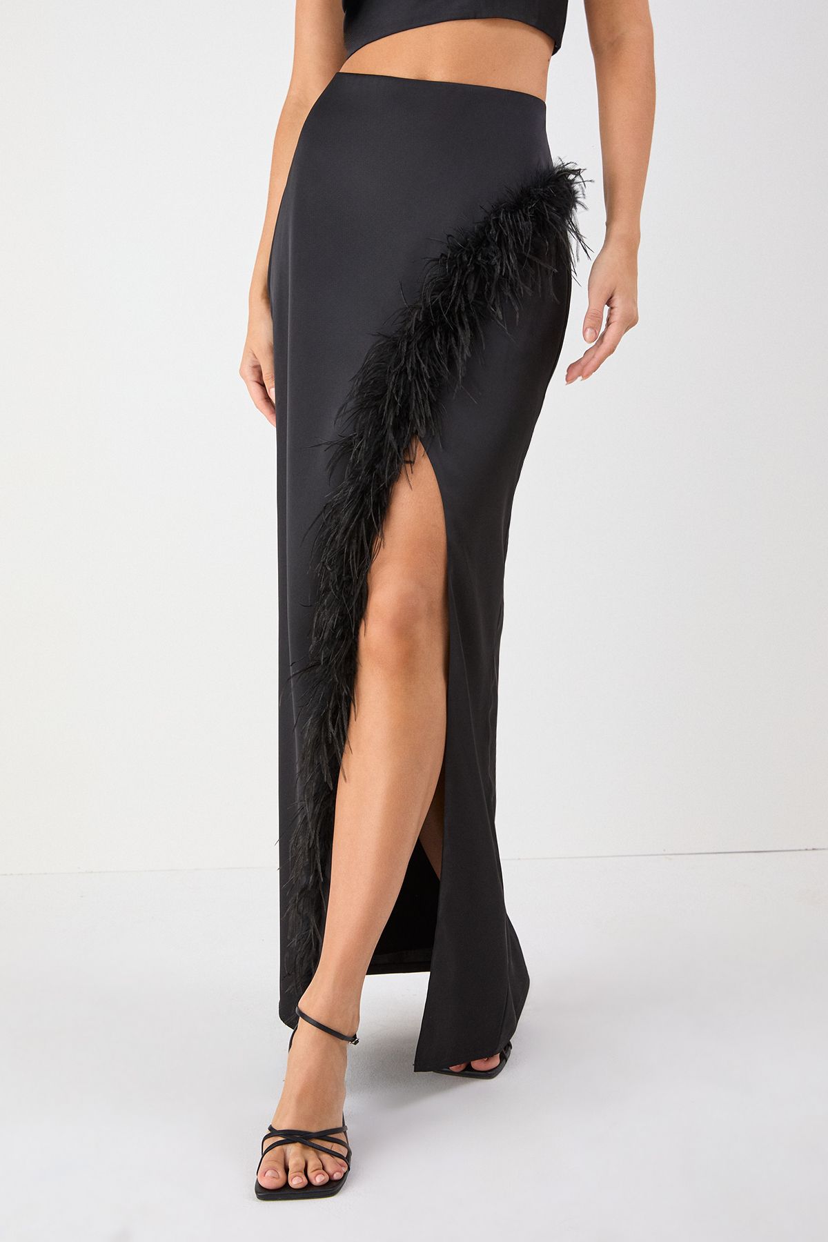 MissPap One Shoulder Top & Faux Feather Skirt Co-ord Black image 3