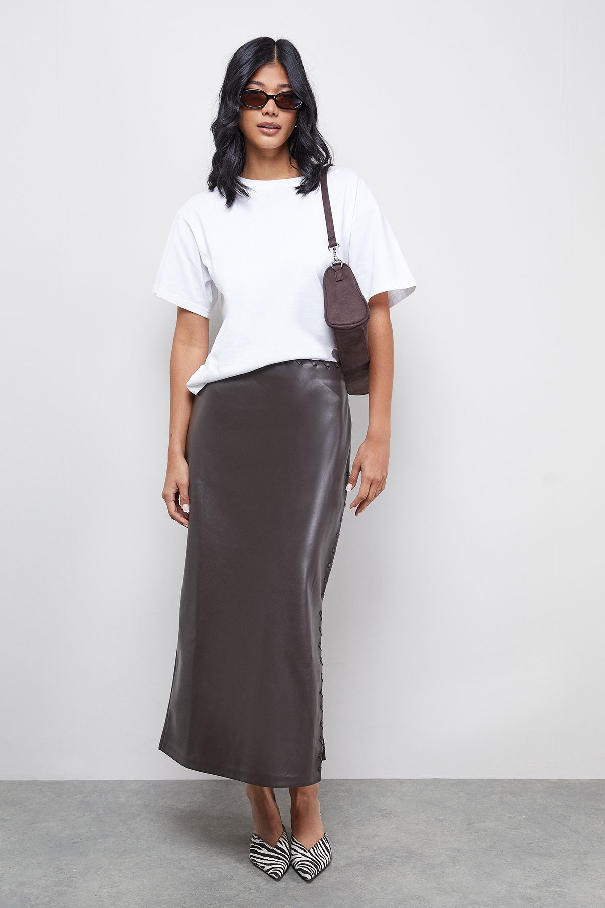 Warehouse Faux Leather Whipstitch Detail Midi Skirt Chocolate image 2