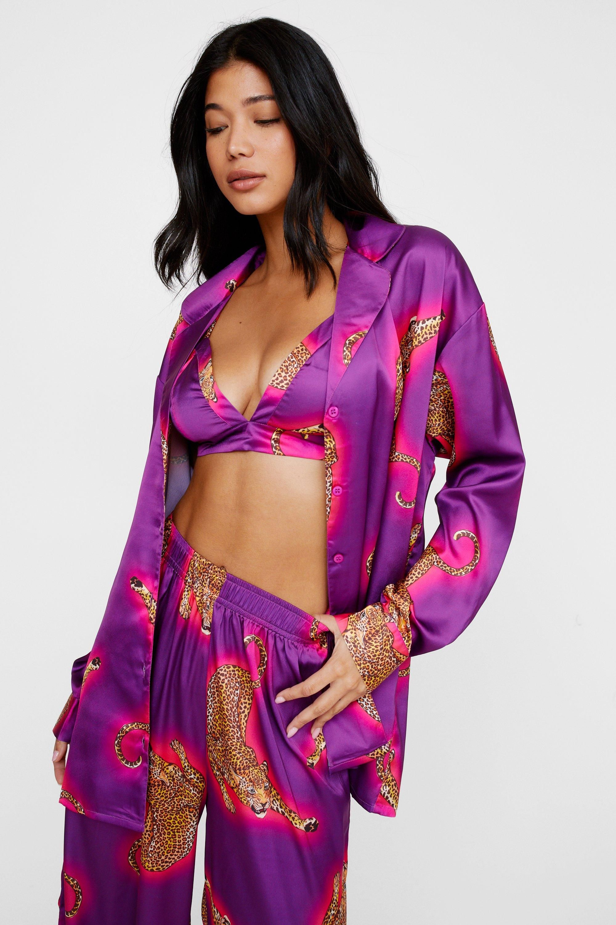 NastyGal Satin Leopard 3pc Shirt Bralette & Pants Pajama Set Purple image 2