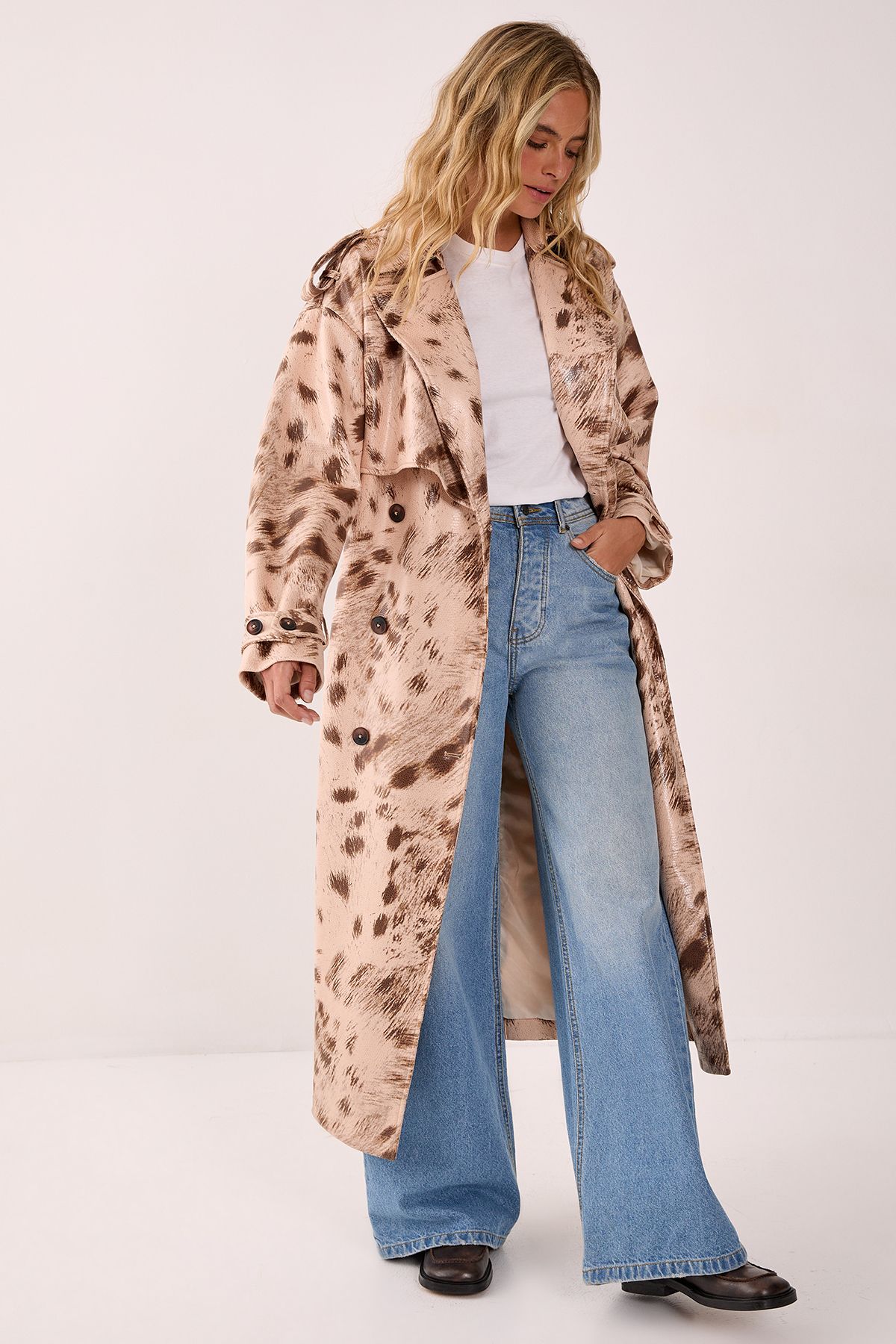 NastyGal Cow Print Faux Leather Trench Coat Cream image 4