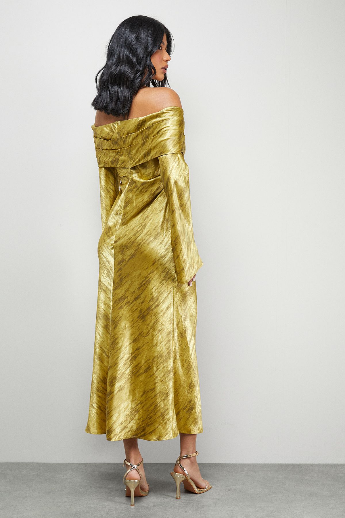 Warehouse Shimmer Satin Foldover Bardot Bias Midi Dress Gold image 2