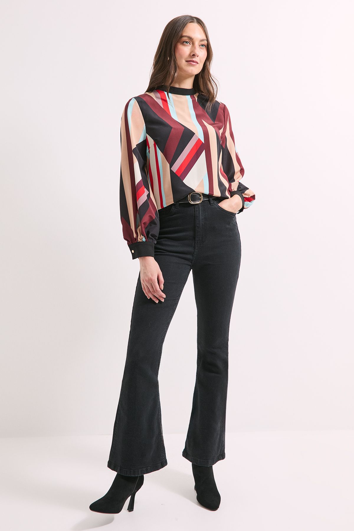 Principles Brown Print High Neck Tie Back Volume Blouse Brown image 2