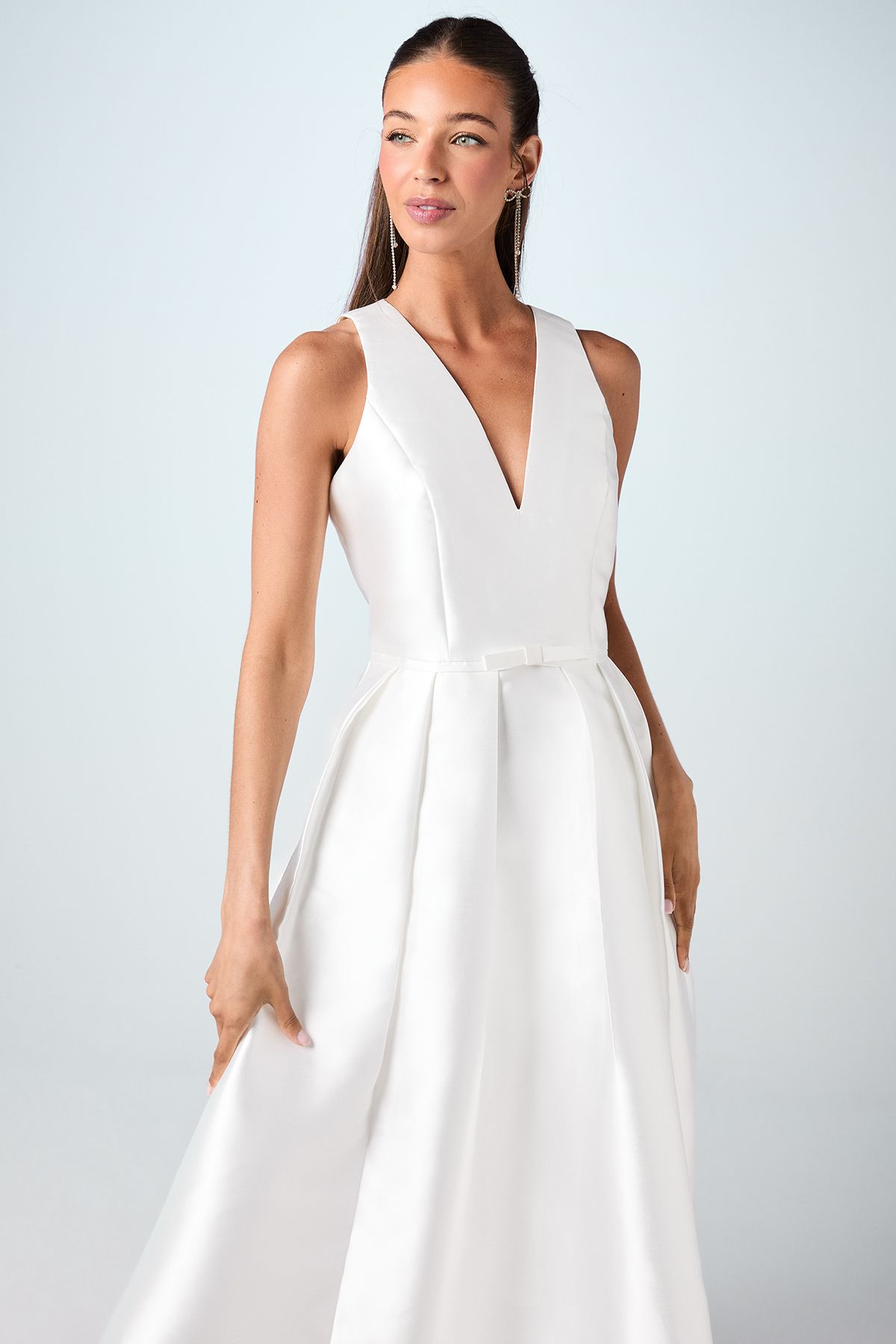 Coast Plunge Neck Bow Waist Midi Wedding Dress With Pockets Ivory image 2