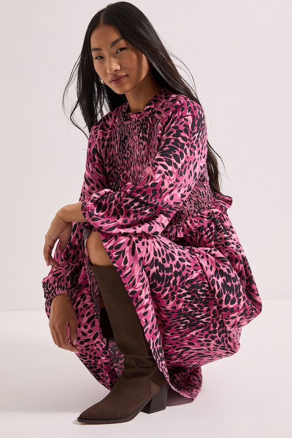 Dorothy Perkins Animal Print Petite Shirred Bodice Frill Detail Midi Dress Animal