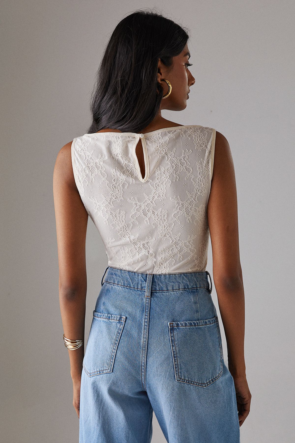 Warehouse Lace Panelled Sleeveless Bodysuit Cream image 3