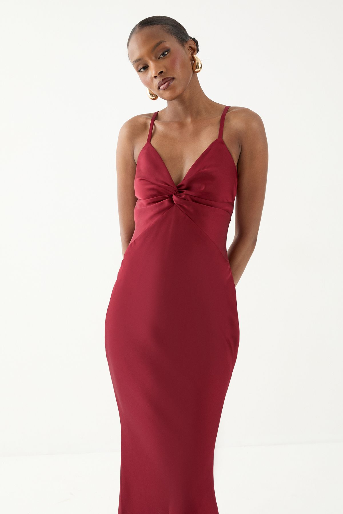 MissPap Knot Detail Strappy Bridesmaid Dress Red image 2
